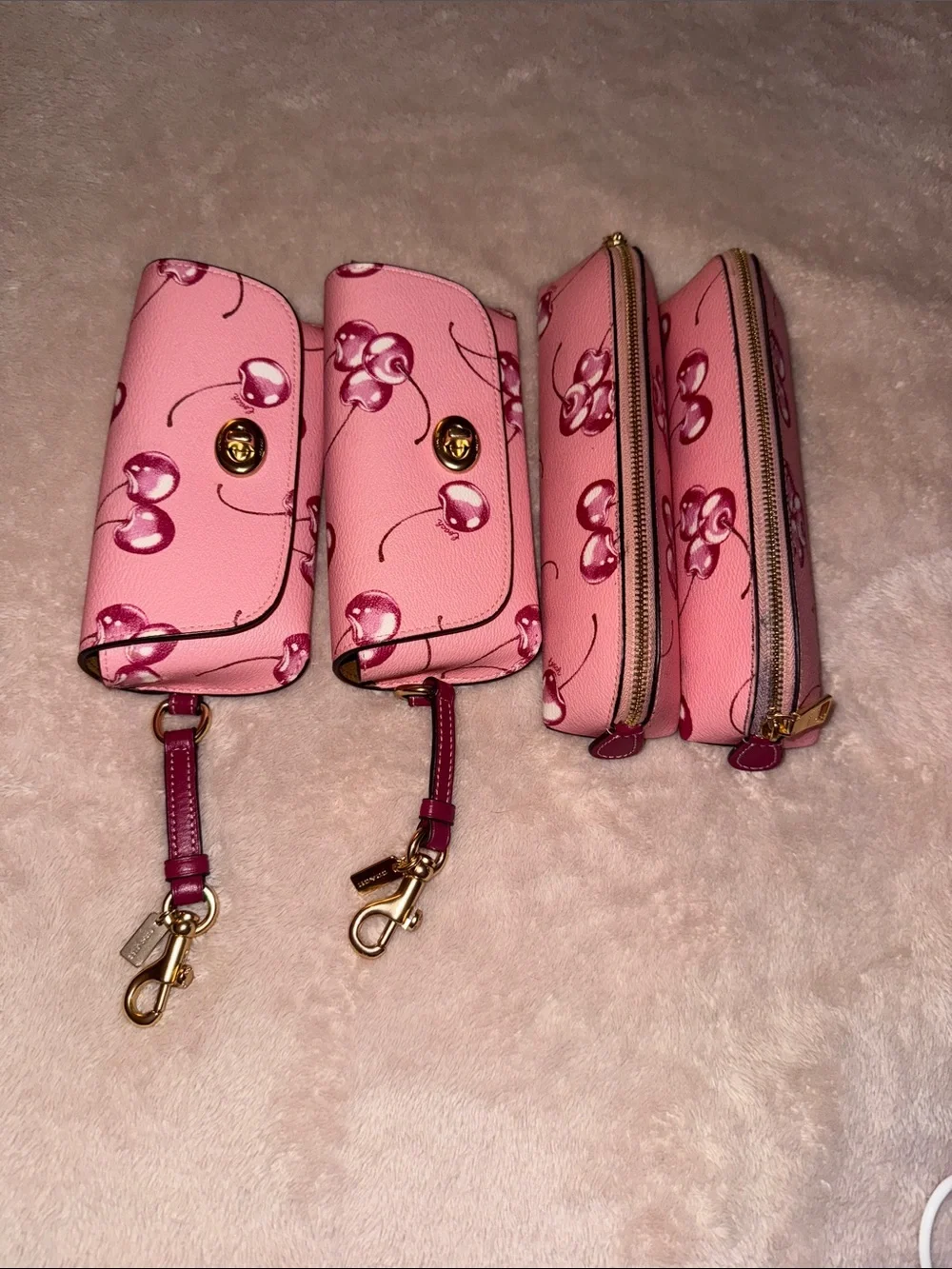 Pink Cherry Print Wristlet Set - Women Bags